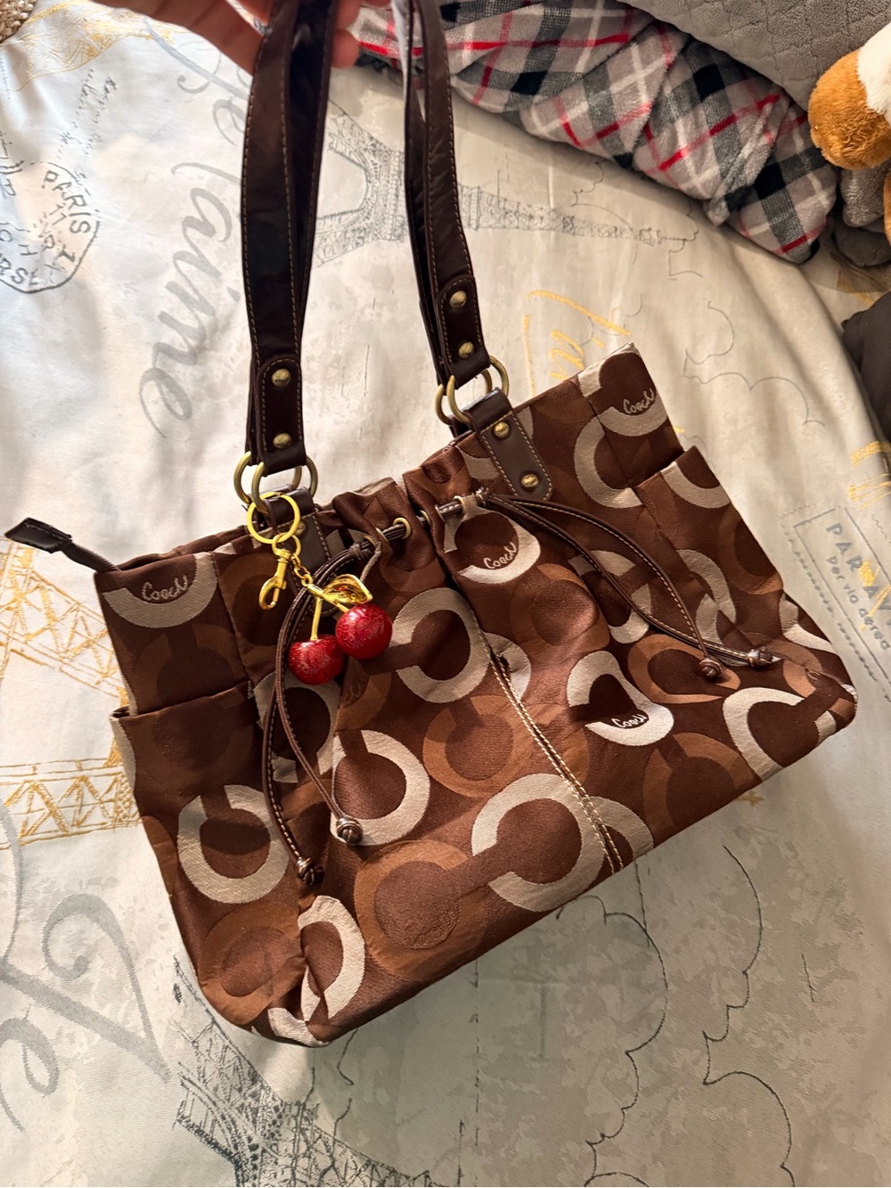 Coach Brown Signature C Pattern Shoulder Bag with Cherry Charm